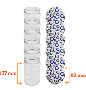 Cam Kavanoz ve Nazar Boncuğu Desenli Kavanoz Kapak Çeşitleri  - 6 Adet (660 ml - 82mm)