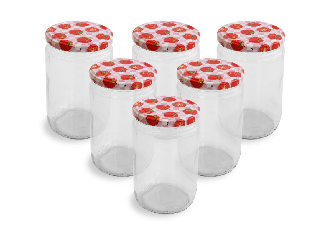 Cam Kavanoz ve Domates Desenli Kavanoz Kapak Çeşitleri  - 6 Adet (660 ml - 82mm)