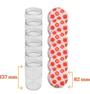 Cam Kavanoz ve Domates Desenli Kavanoz Kapak Çeşitleri  - 6 Adet (660 ml - 82mm)