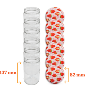 Glass Jar and Patterned Jar Lid - 6 Pieces (660 ml - 82 mm) - Strawberry Pattern