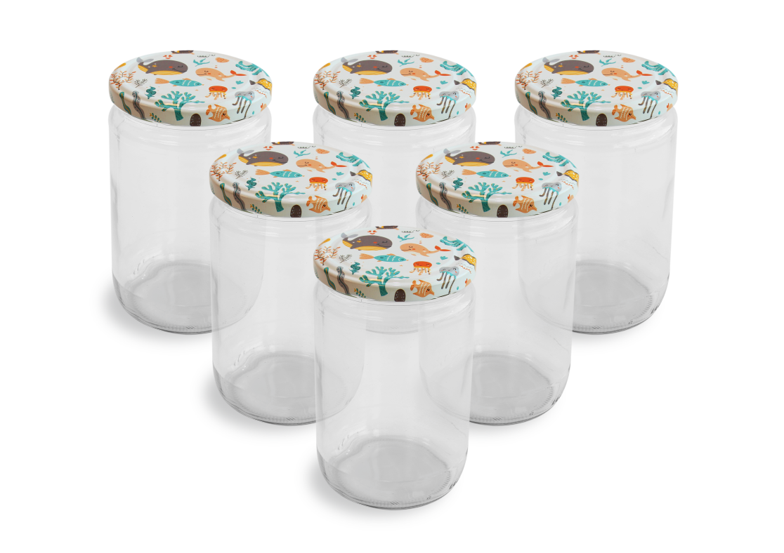 Cam Kavanoz ve Su Altı Desenli Kavanoz Kapak Çeşitleri  - 6 Adet (660 ml - 82mm)