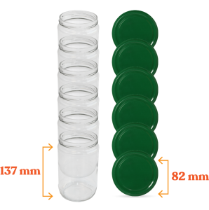 Cam Kavanoz ve yeşil Renk Kavanoz Kapak Çeşitleri  - 6 Adet (660 ml - 82mm)