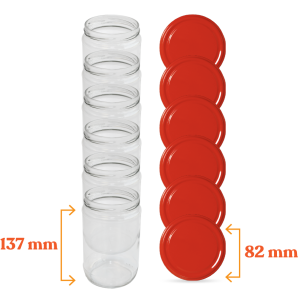 Cam Kavanoz ve Kırmızı Renk Kavanoz Kapak Çeşitleri  - 6 Adet (660 ml - 82mm)
