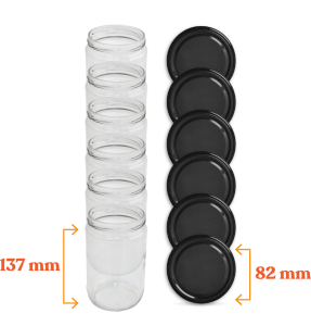 Cam Kavanoz ve Siyah Renk Kavanoz Kapak Çeşitleri  - 6 Adet (660 ml - 82mm)