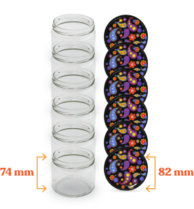Cam Kavanoz ve Şal Desenli Kavanoz Kapak Çeşitleri  - 6 Adet (330 ml - 82mm)