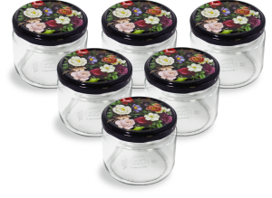 Cam Kavanoz ve Gül Desenli Kavanoz Kapak Çeşitleri  - 6 Adet (330 ml - 82mm)
