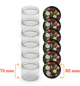 Cam Kavanoz ve Gül Desenli Kavanoz Kapak Çeşitleri  - 6 Adet (330 ml - 82mm)