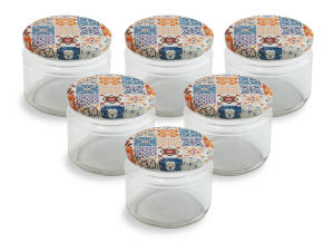 Cam Kavanoz ve  Çini 1 Desenli Kavanoz Kapak Çeşitleri  - 6 Adet (330 ml - 82mm)