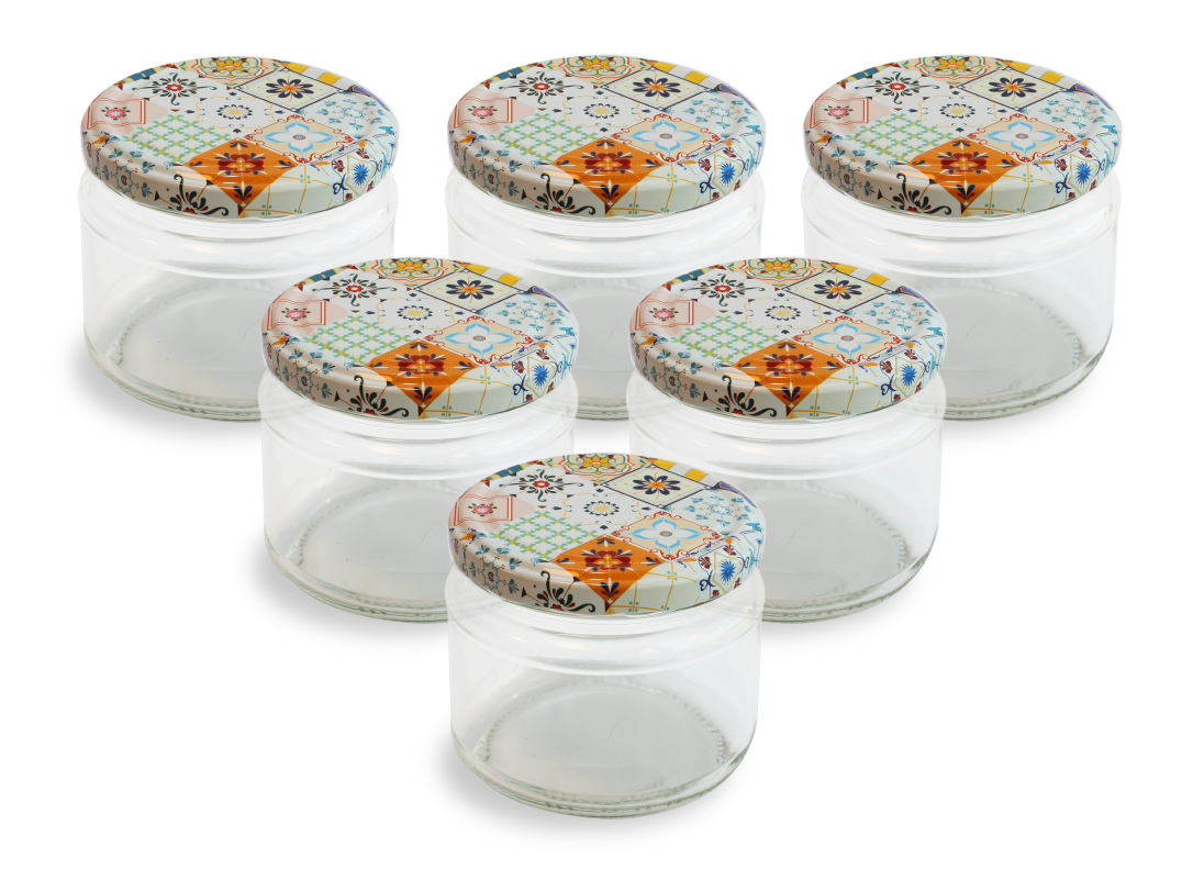 Cam Kavanoz ve Çini 2 Desenli Kavanoz Kapak Çeşitleri  - 6 Adet (330 ml - 82mm)