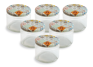 Cam Kavanoz ve Çini 2 Desenli Kavanoz Kapak Çeşitleri  - 6 Adet (330 ml - 82mm)