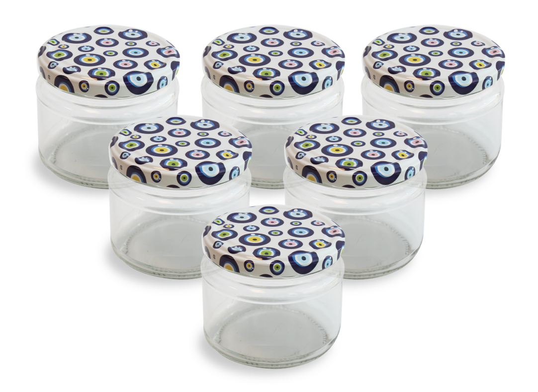 Glass Jar and Patterned Jar Lid - 6 Pieces (330 ml - 82 mm) - Evil Eye Pattern