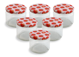 Cam Kavanoz ve Domates Desenli Kavanoz Kapak Çeşitleri  - 6 Adet (330 ml - 82mm)