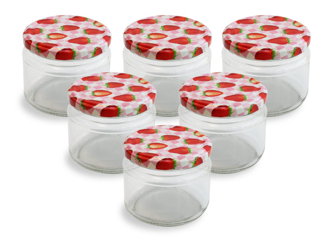 Cam Kavanoz ve Çilek Desenli Kavanoz Kapak Çeşitleri  - 6 Adet (330 ml - 82mm)