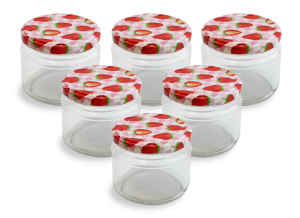 Cam Kavanoz ve Çilek Desenli Kavanoz Kapak Çeşitleri  - 6 Adet (330 ml - 82mm)