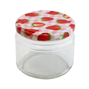 Cam Kavanoz ve Çilek Desenli Kavanoz Kapak Çeşitleri  - 6 Adet (330 ml - 82mm)