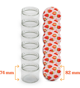 Cam Kavanoz ve Çilek Desenli Kavanoz Kapak Çeşitleri  - 6 Adet (330 ml - 82mm)