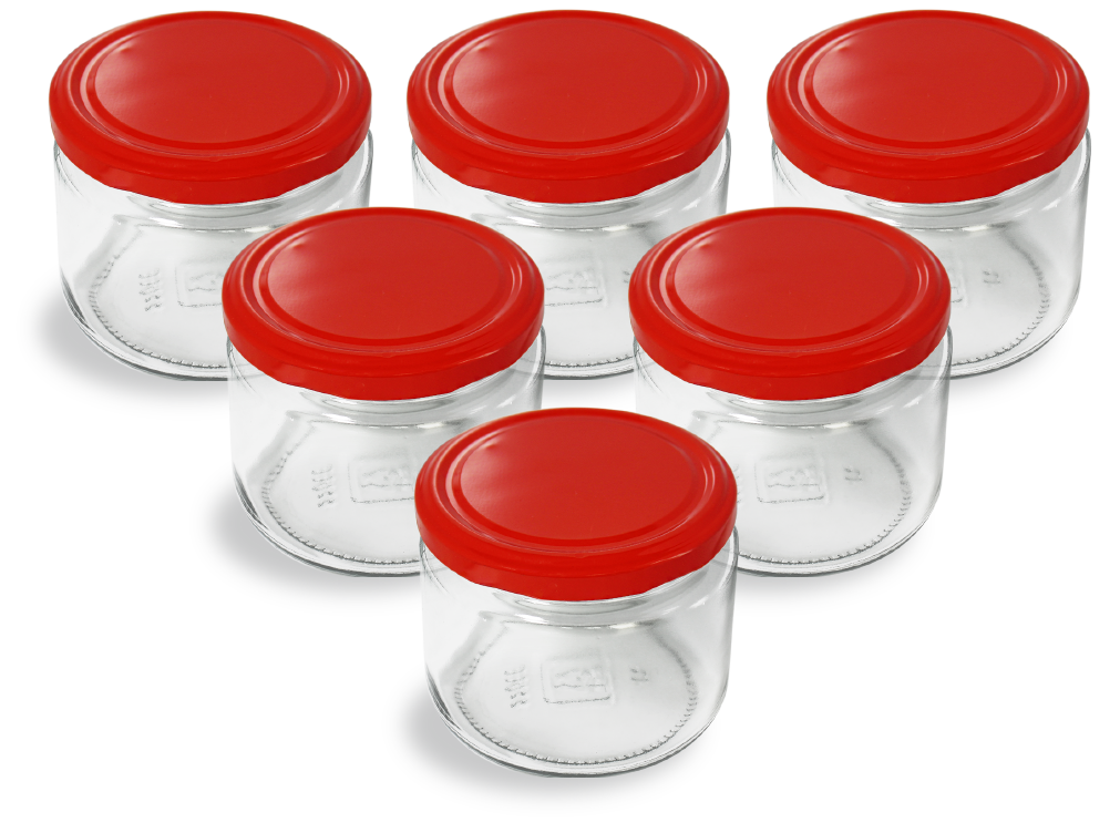Cam Kavanoz ve Kırmızı Renk Kavanoz Kapak Çeşitleri  - 6 Adet (330 ml - 82mm)