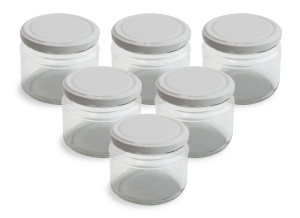 Cam Kavanoz ve Beyaz Renk Kavanoz Kapak Çeşitleri  - 6 Adet (330 ml - 82mm)