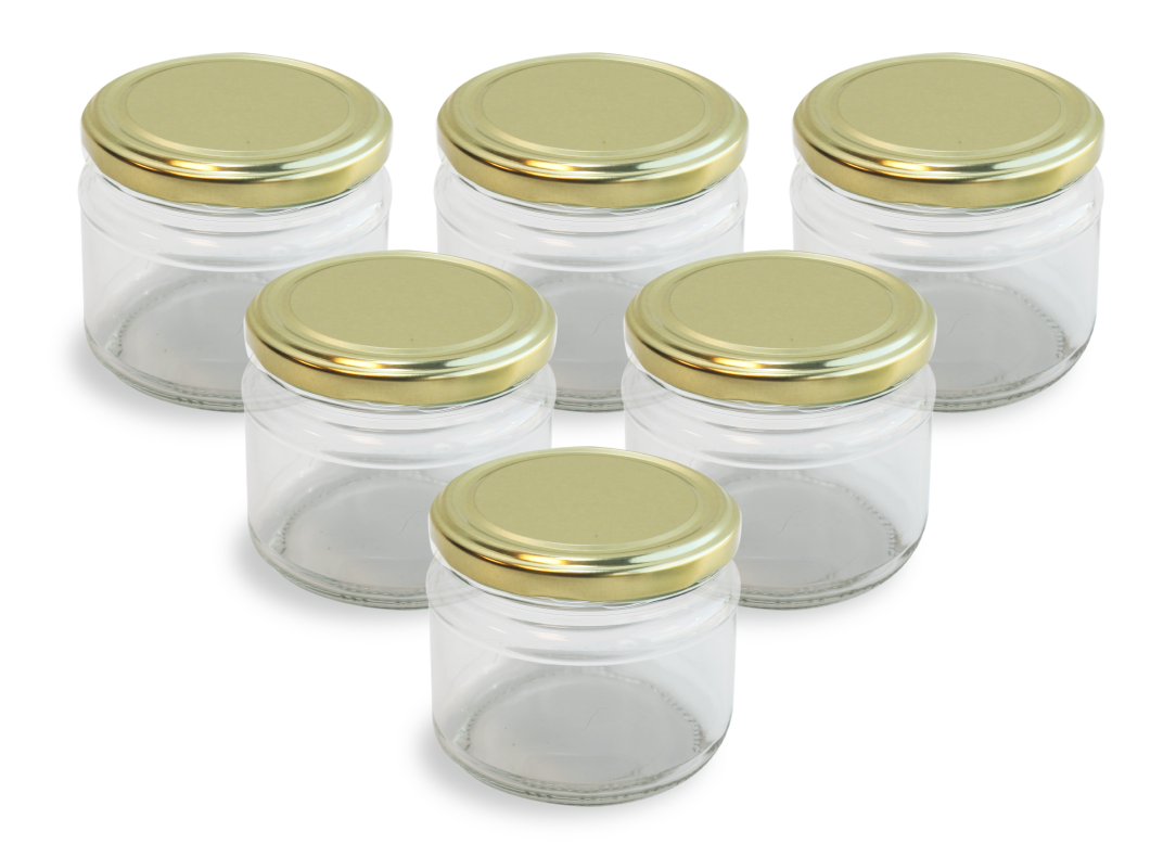 Cam Kavanoz ve Gold Renk Kavanoz Kapak Çeşitleri  - 6 Adet (330 ml - 82mm)