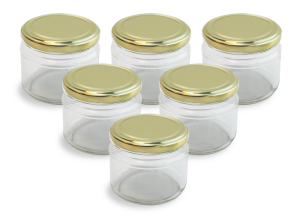 Cam Kavanoz ve Gold Renk Kavanoz Kapak Çeşitleri  - 6 Adet (330 ml - 82mm)