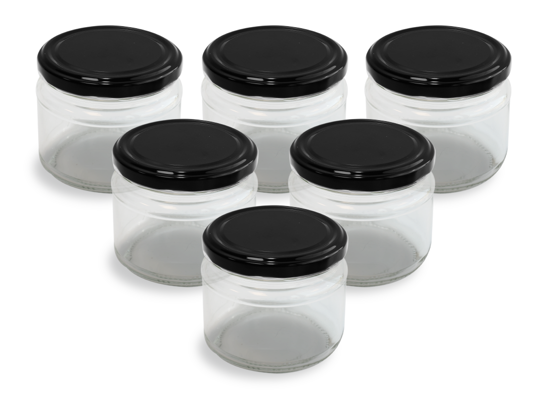 Cam Kavanoz ve Siyah Renk Kavanoz Kapak Çeşitleri  - 6 Adet (330 ml - 82mm)