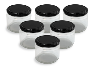 Cam Kavanoz ve Siyah Renk Kavanoz Kapak Çeşitleri  - 6 Adet (330 ml - 82mm)