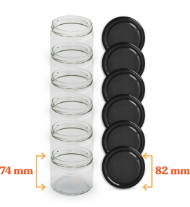 Cam Kavanoz ve Siyah Renk Kavanoz Kapak Çeşitleri  - 6 Adet (330 ml - 82mm)