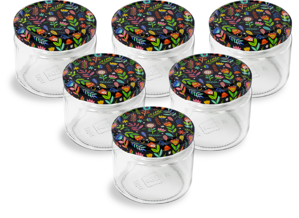 Glass Jar and Patterned Jar Lid - 6 Pieces (330 ml - 82 mm) - Spring Patterned