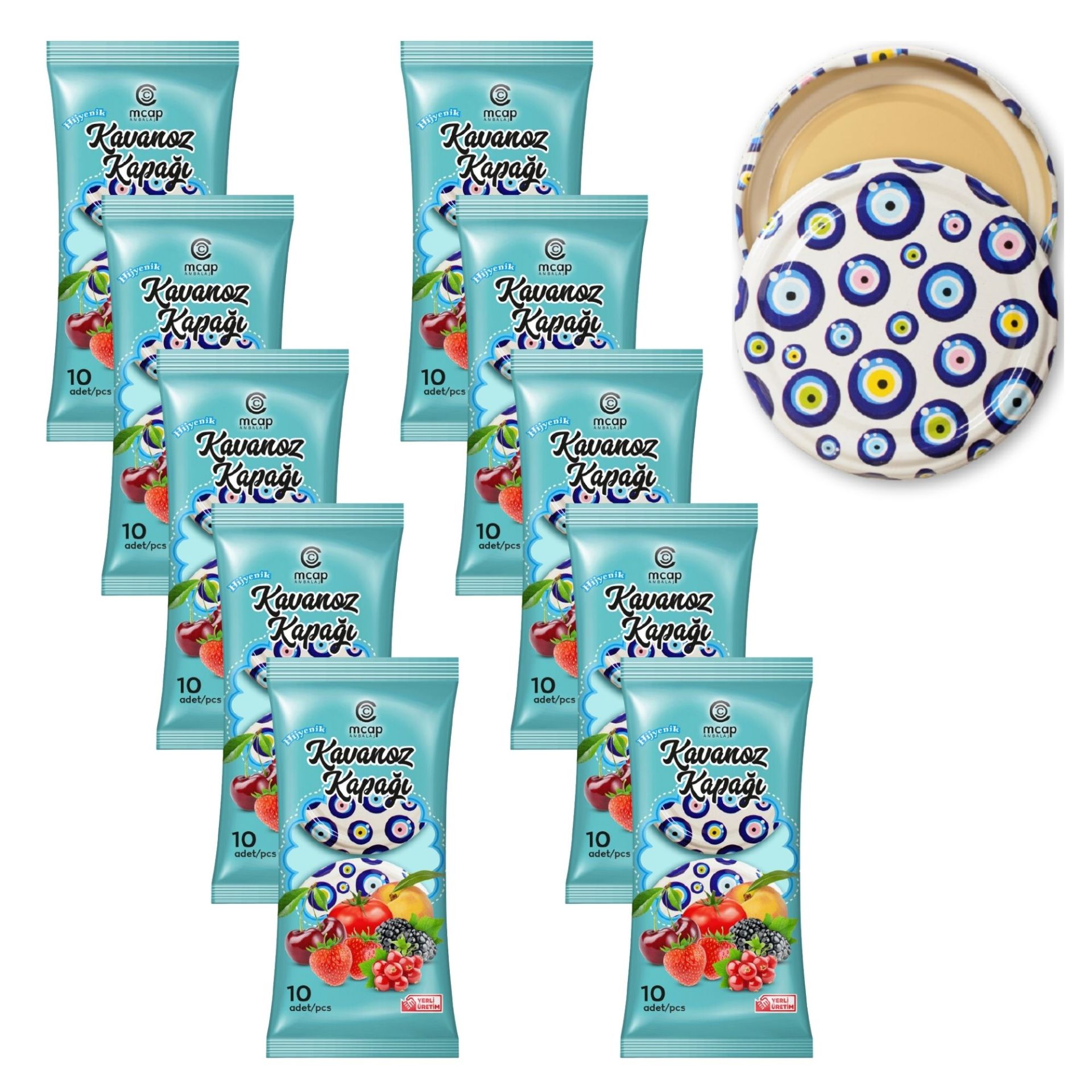Konserve Kavanoz Kapağı - 10 Paket - 100 Adet (Standart Boy - 82 mm) Nazar Boncuğu Desenli