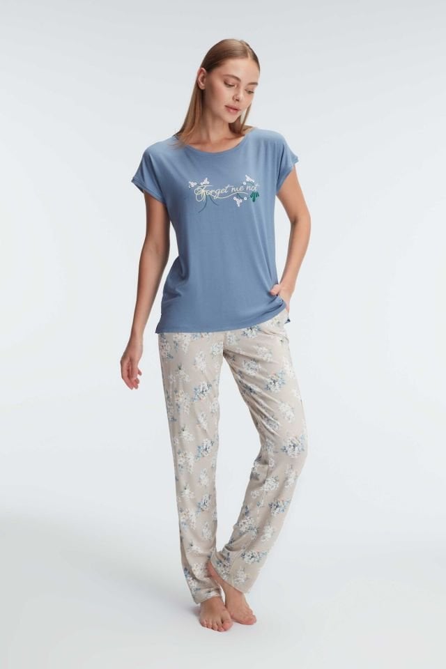Anıl 9892 Kısa Kol Bisiklet Yaka Kadın Viskon Çiçek Desenli Yazlık Örme Normal Bel Pijama Takımı