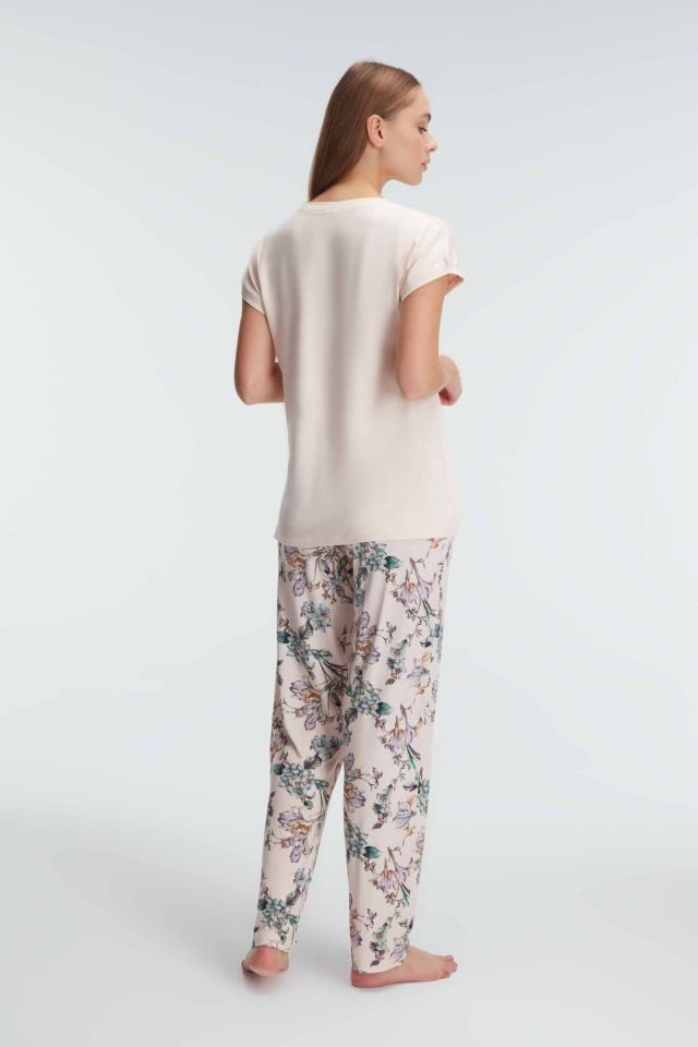 Anıl 9890 Kısa Kol Bisiklet Yaka Kadın Viskon Çiçek Desenli Yazlık Örme Normal Bel Pijama Takımı