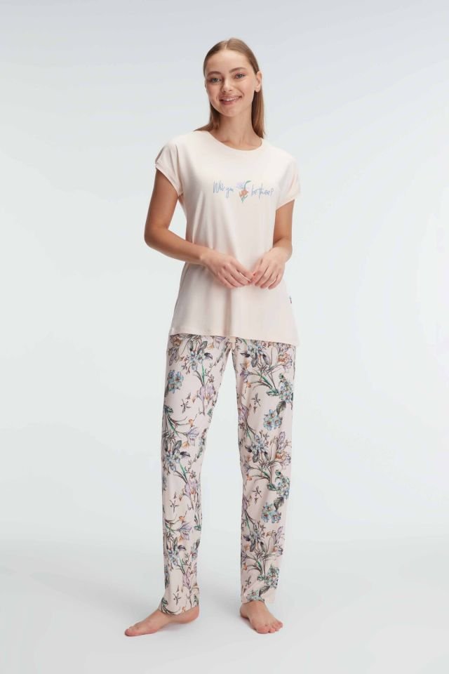 Anıl 9890 Kısa Kol Bisiklet Yaka Kadın Viskon Çiçek Desenli Yazlık Örme Normal Bel Pijama Takımı