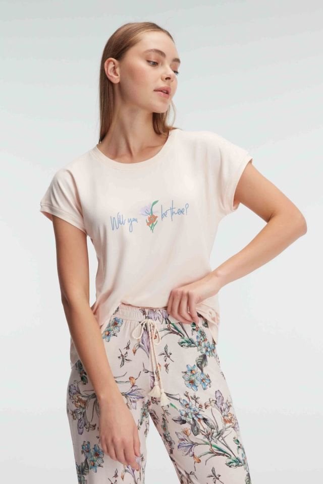 Anıl 9890 Kısa Kol Bisiklet Yaka Kadın Viskon Çiçek Desenli Yazlık Örme Normal Bel Pijama Takımı