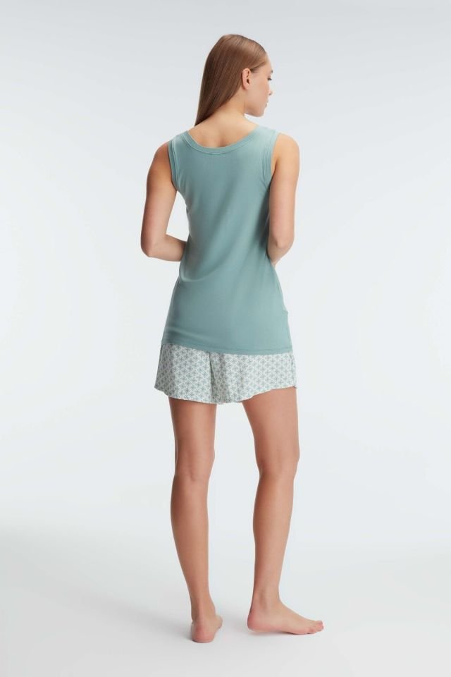 Anıl 9920 Kolsuz Sıfır Kol Oyuk U Yaka Kadın Viskon Çiçek Desenli Yazlık Örme Kısa Pijama Takımı