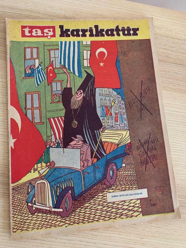 TAŞ KARİKATÜR | SAYI: 20 | KAPAK: TURHAN SELÇUK | 25 ŞUBAT 1959 | Kıbrıs İhtilafı Halledildi Kızıl Papaza Ölüm