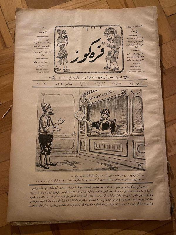 KARAGÖZ OSMANLICA NO.191 MİZAHİ HALK GAZETESİ 1909 | Sene 2 | Karagöz ve Hacivat Tabak Satıyor