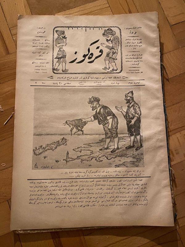 KARAGÖZ OSMANLICA NO.195 MİZAHİ HALK GAZETESİ 1909 | Sene 2 | Karagöz ve Hacivat Adalar Meselesi ve Keçi