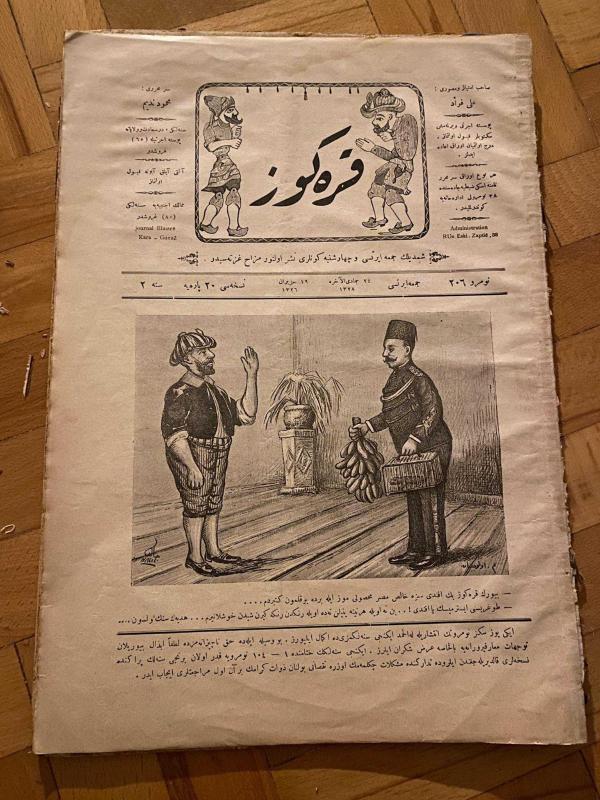 KARAGÖZ OSMANLICA NO.206 MİZAHİ HALK GAZETESİ 1909 | Sene 2 | Karagöz'e Hediye Muz