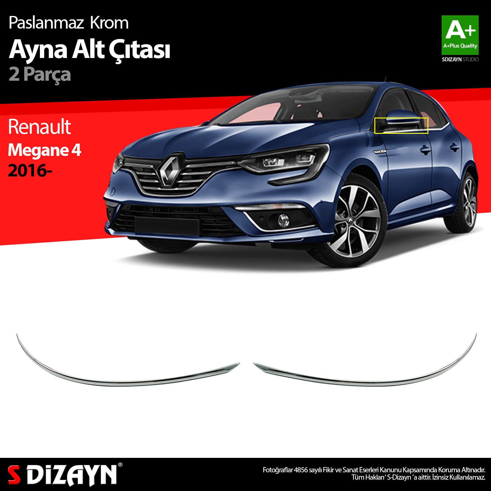 Renault Megane 4 Krom Ayna Alt Çıtası 2 Prç. 2016 2017 2018 2019 2020 2021 2022 2023 2024 2025