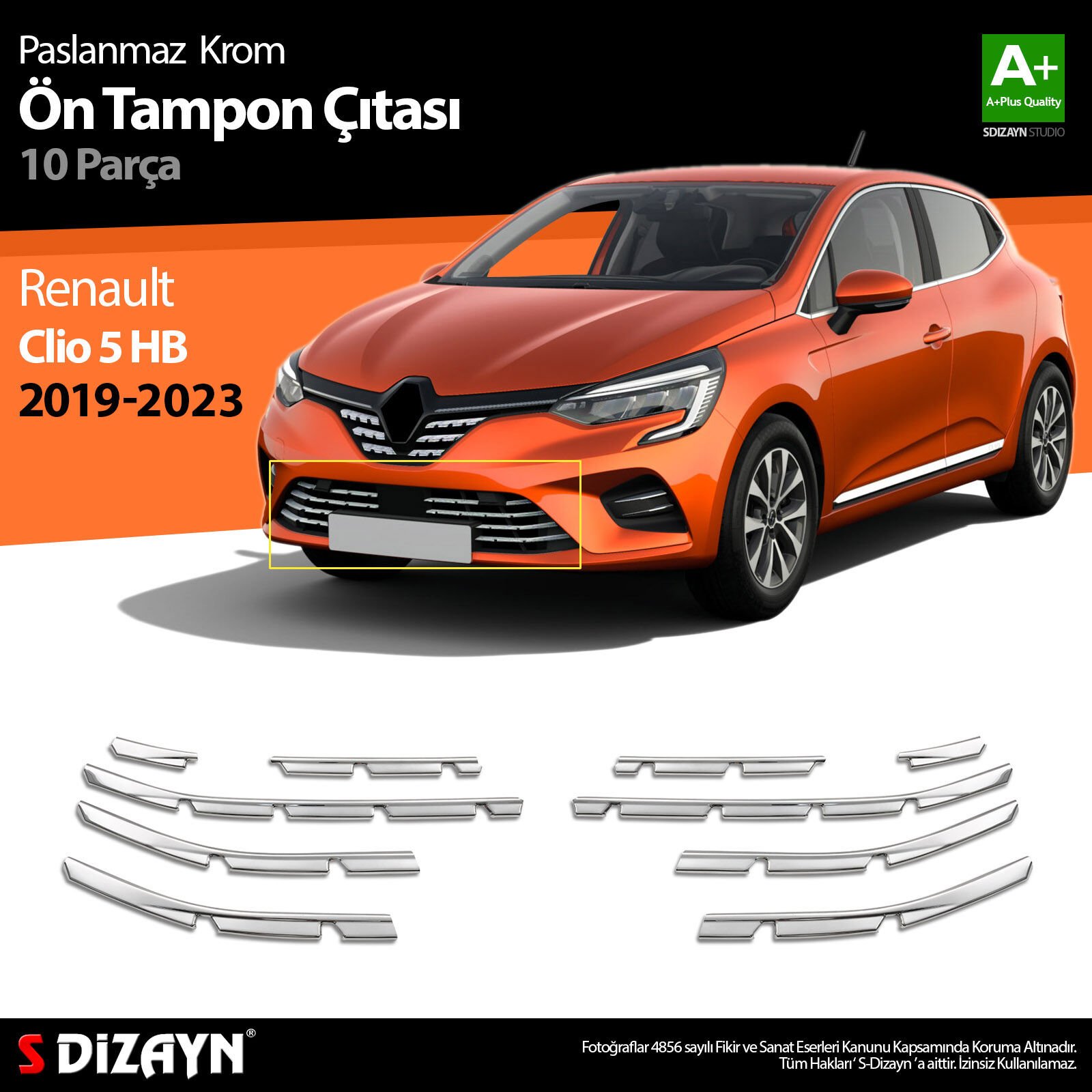 Renault Clio 5 Krom Ön Tampon Çıtası 10 Prç. 2019 2020 2021 2022 2023