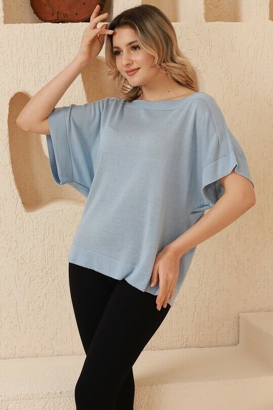 Kadın Mavi Kayık Yaka Oversize İnce Triko Bluz