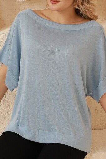 Kadın Mavi Kayık Yaka Oversize İnce Triko Bluz