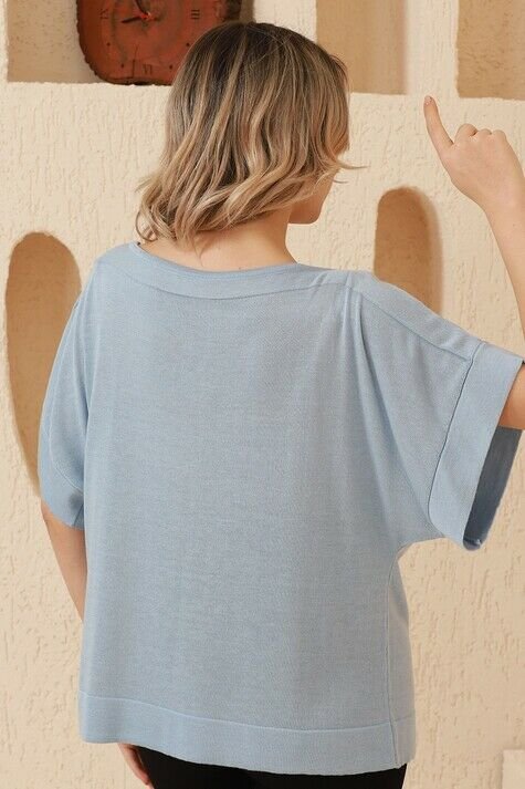 Kadın Mavi Kayık Yaka Oversize İnce Triko Bluz
