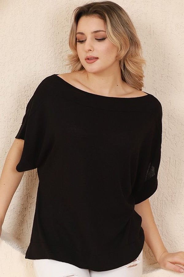 Kadın Siyah Kayık Yaka Oversize İnce Triko Bluz