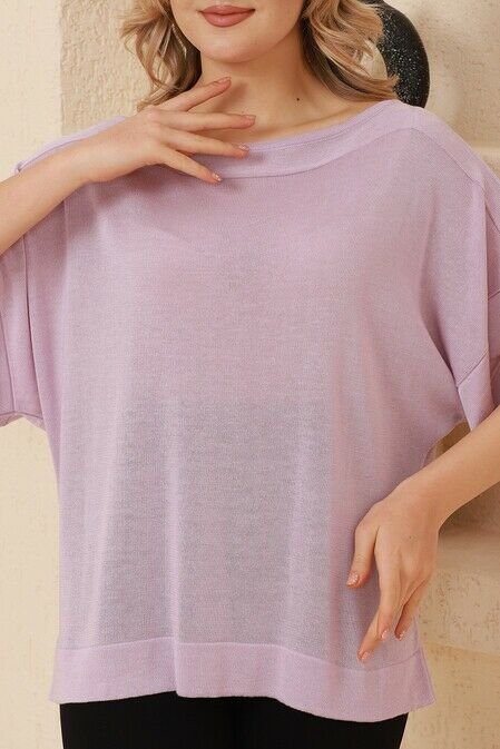 Kadın Lila Kayık Yaka Oversize İnce Triko Bluz