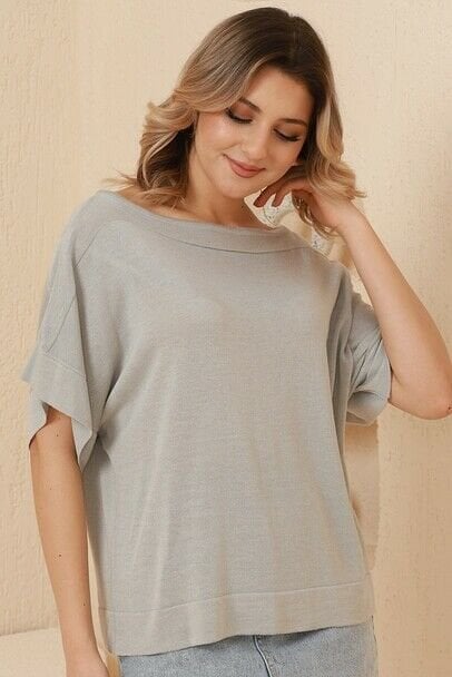 Kadın Gri Kayık Yaka Oversize İnce Triko Bluz