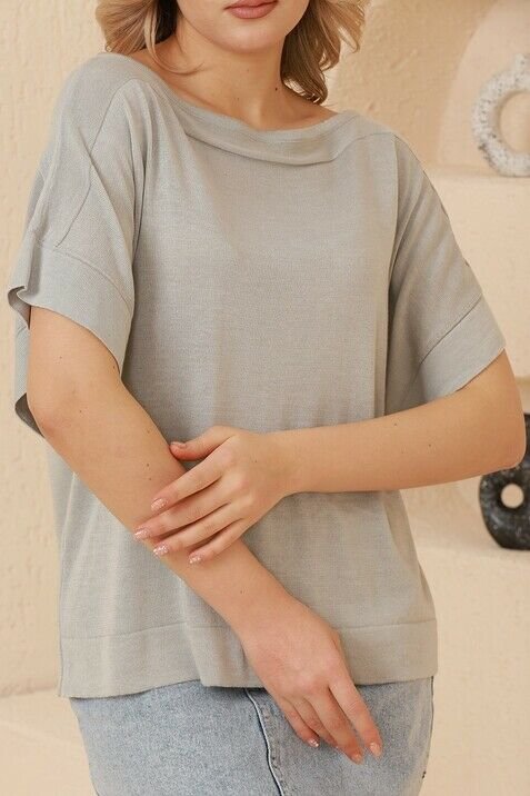 Kadın Gri Kayık Yaka Oversize İnce Triko Bluz