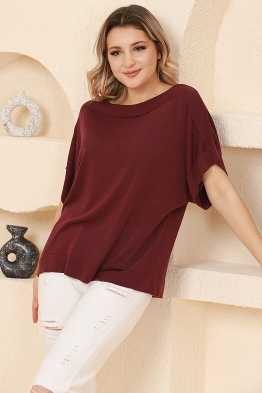 Kadın Bordo Kayık Yaka Oversize İnce Triko Bluz