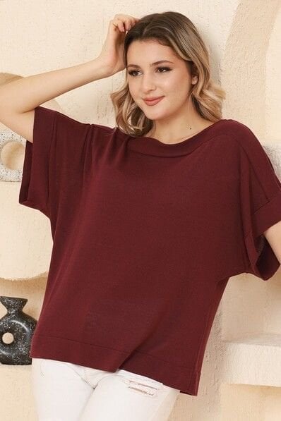 Kadın Bordo Kayık Yaka Oversize İnce Triko Bluz