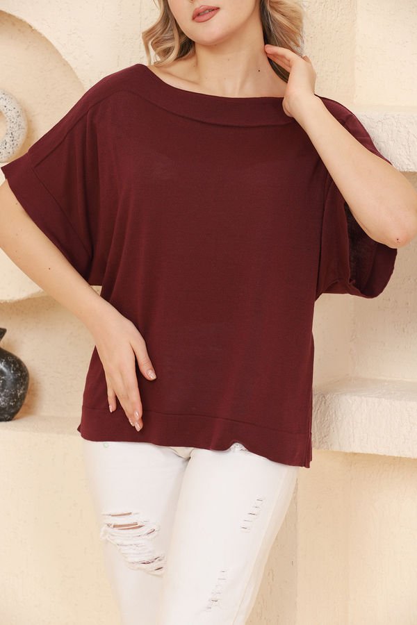 Kadın Bordo Kayık Yaka Oversize İnce Triko Bluz